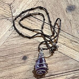 Natural Purple Amethyst Wire-Wrapped Pendant brown chord Necklace handmade